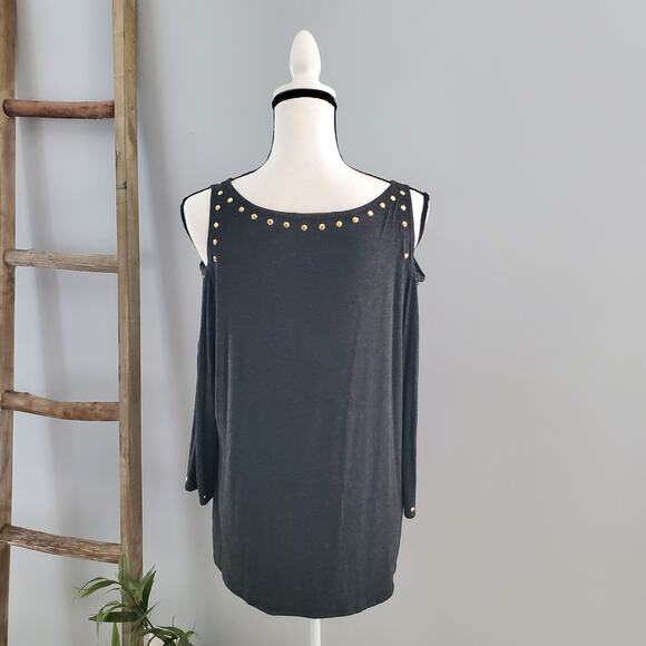 Belldini Gray Gold Shoulder Long Sleeve Studded Top XL - Picture 2 of 7